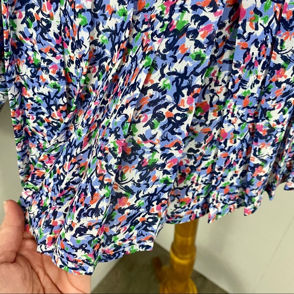 Vintage 80’s Blue Multi-Print Pleated Peplum Button-Up Blouse with Lace Collar - Picture 6 of 13